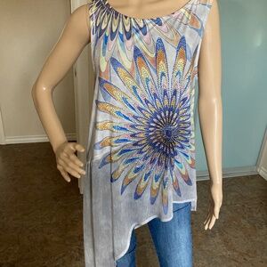 Asyemetrical Blue/Grey sheer bottom Tank Top